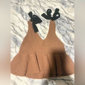 Brown Knit Sleeveless Top with Black Bow Straps
